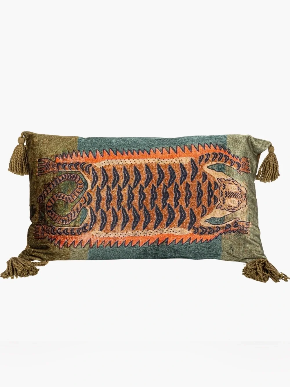 Creative Co-Op Tiger Motif Lumbar Pillow in Orange and Green